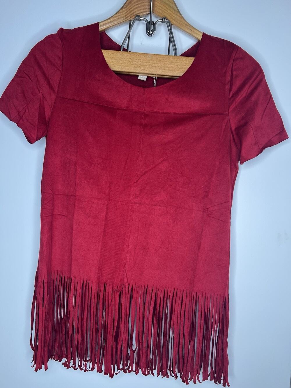 NESLEY DESIGN | Cowgirl Red Fringe Short Sleeve Faux Suede Blouse NWT | S